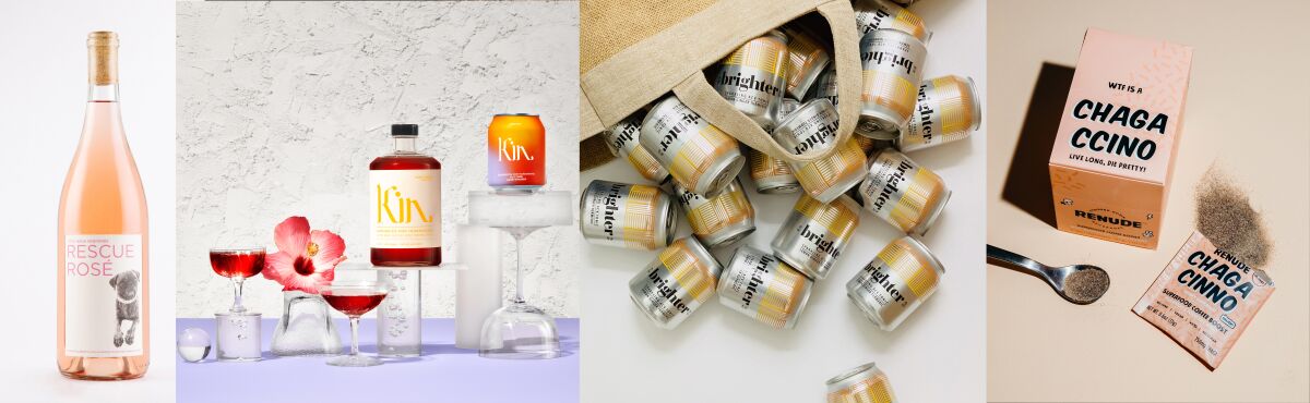 A photo collage of Rescue Rosé, Kin Euphorics' Kin Spritz, Brighter and Renude's Chagaccino.
