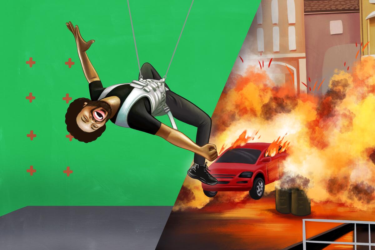 Illustration showing a stunt performer suspended in a harness to make it appear as if he is being thrown from a burning car.