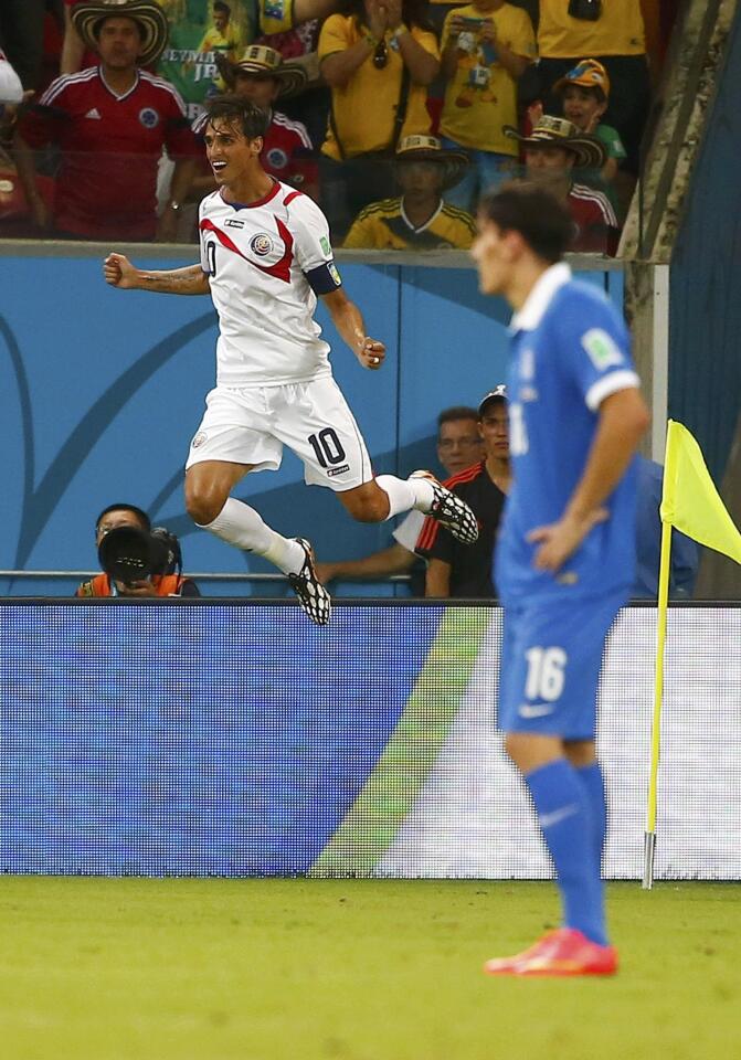 Costa Rica's Ruiz celebrates after scoring a goal against Greece during their 2014 World Cup round of 16 game at the Pernambuco arena in Recife