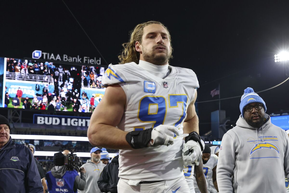 Chargers linebacker Joey Bosa jogs off the field after a playoff loss to the Jacksonville Jaguars in January.