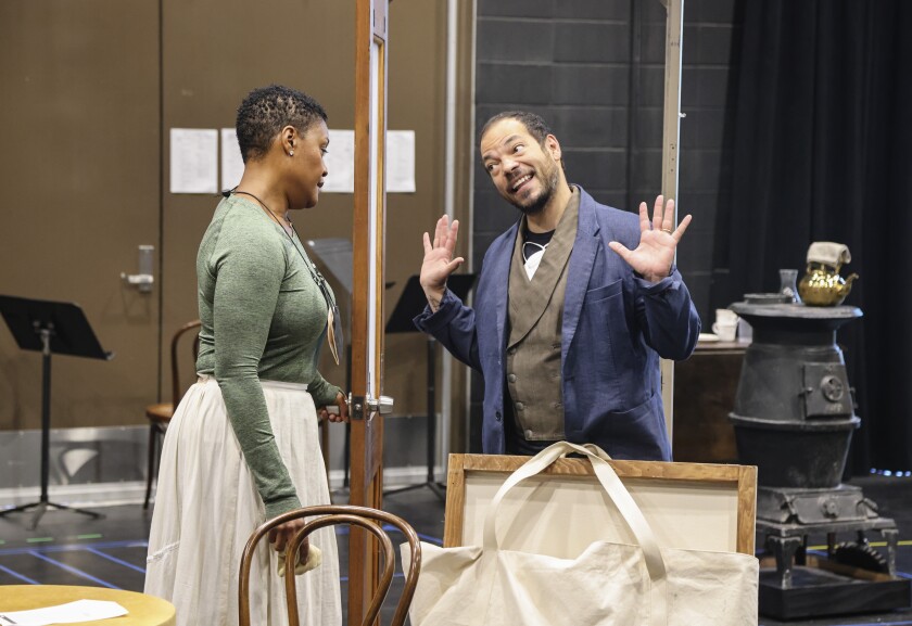 Deidrie Henry and Paco Tolson rehearse for "to the yellow house," a new play by Kimber Lee at the La Jolla Playhouse.