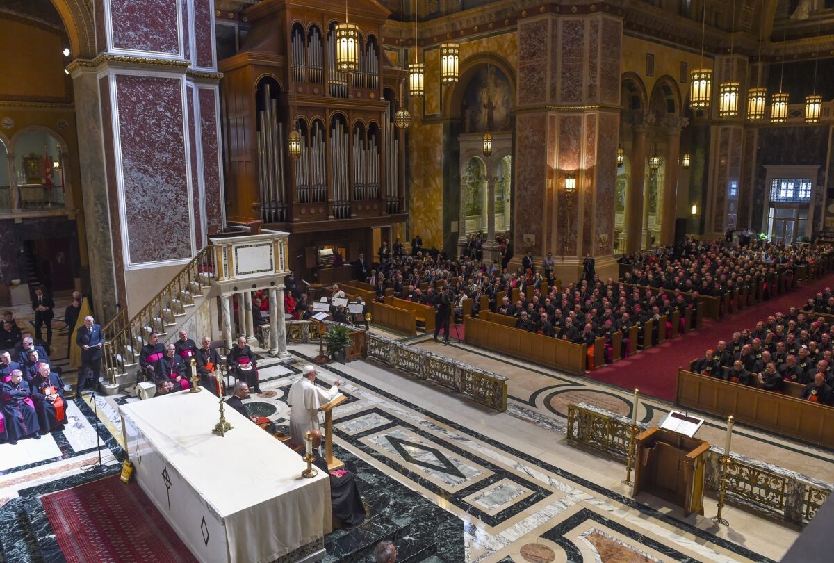 Pope Francis attends Midday Prayer of the Divine with more than 300 U.S. Bishops at the Cathedral of St. Matthew the Apostle.