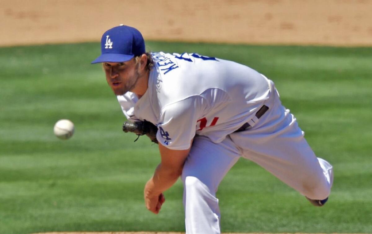 Dodgers starting pitcher Clayton Kershaw pitched eight scoreless innings against the Angels.