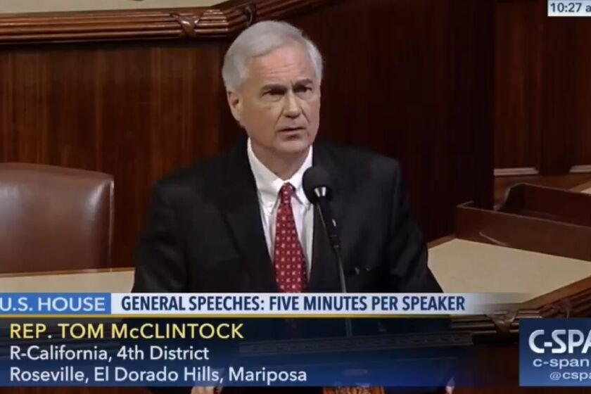 Rep. Tom McClintock (R-Elk Grove), rattled by constituent sentiment, sounds the call for civility from the House floor.