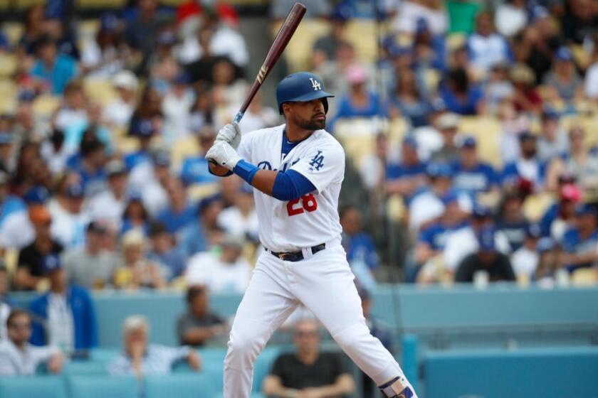 Los Angeles Dodgers' Franklin Gutierrez gets ready to bat against the Cincinnati Reds during the fourth inning of a baseball game, Sunday, June 11, 2017, in Los Angeles. (AP Photo/Ryan Kang)