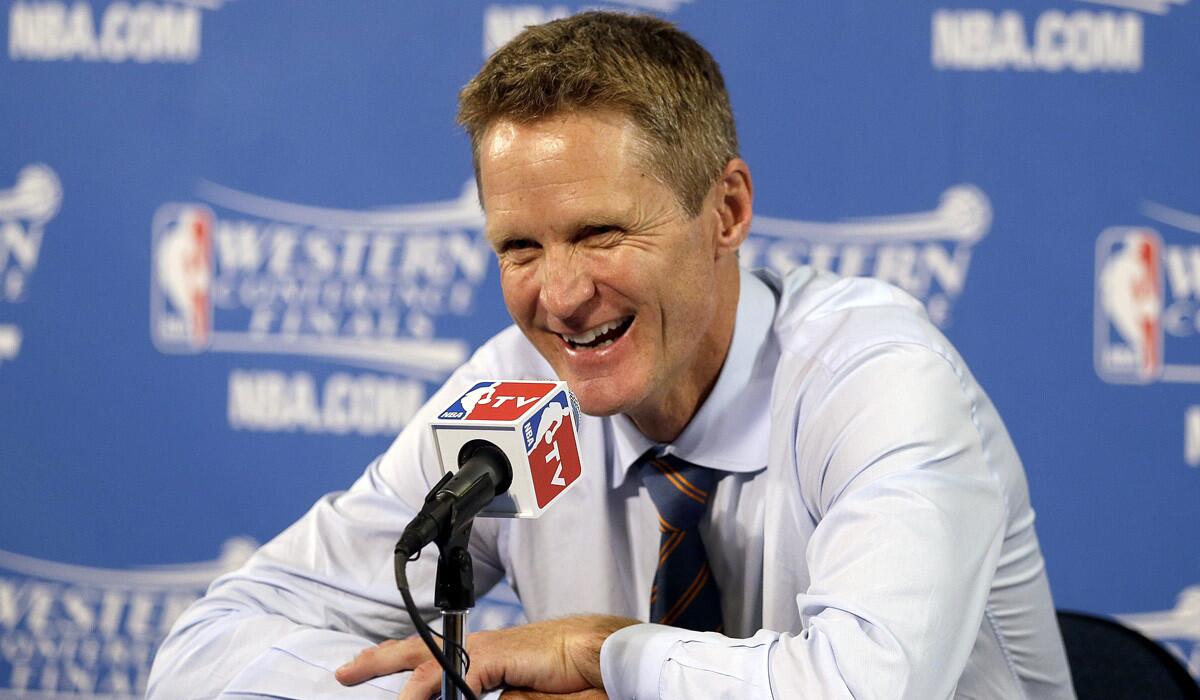 Golden State Warriors head coach Steve Kerr smiles at a news conference after Game 5 of the Western Conference finals against the Houston Rockets on May 27. The Warriors won 104-90 and advanced to the NBA Finals.