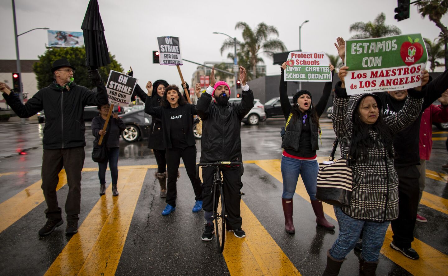 Student counselor Edwin Deleon, on a bicycle, joins parents, teachers and students in a crosswalk to picket outside Hollywood High School during the second day of the United Teachers Los Angeles strike.