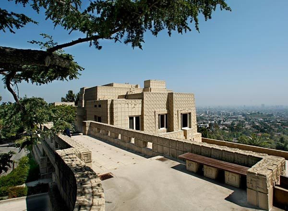 Frank Lloyd Wright's famed Ennis house, a Los Feliz hilltop masterpiece composed of patterned and smooth concrete blocks, is being offered for $15 million. The 1924 home, inspired by Mayan architecture, has four bedrooms and four bathrooms on a multi-tiered floor plan.