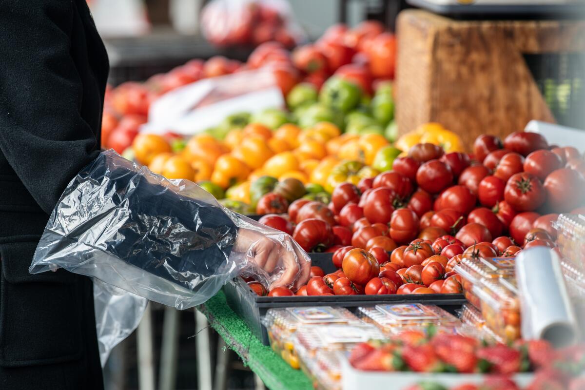 A shopper uses a plastic bag to cover their hand at the Santa Monica Farmers Market.