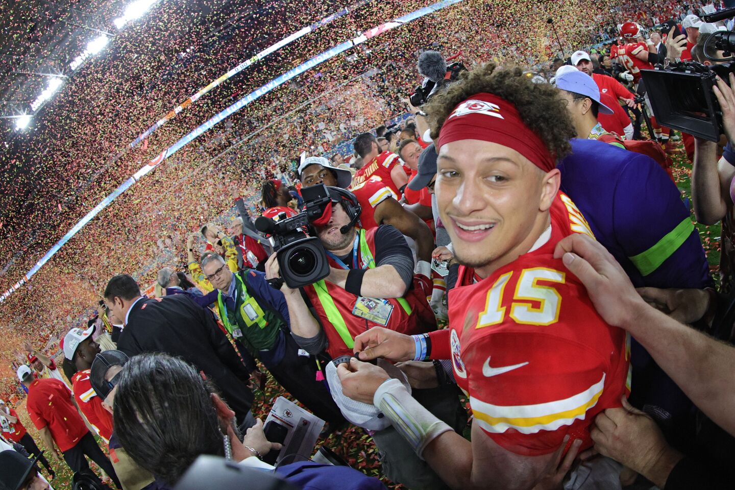 Kansas City Chiefs quarterback Patrick Mahomes celebrates after the team's victory over the San Francisco 49ers in Super Bowl LIV. Mahomes was named the game's MVP.