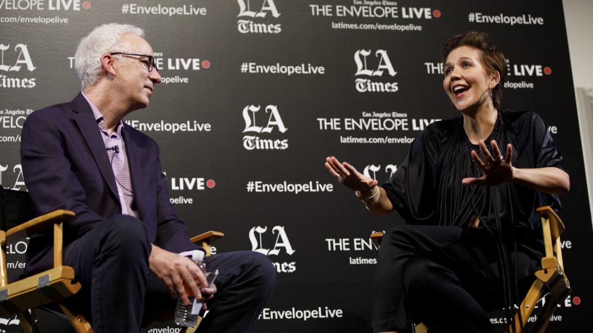 Actress Maggie Gyllenhaal speaks with reporter Glenn Whipp during a The Envelope Live screening of "The Kindergarten Teacher" at the Montalbán.