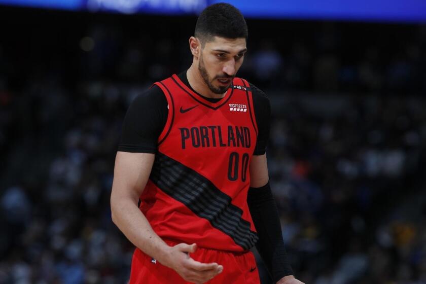 Portland Trail Blazers center Enes Kanter (00) in the second half of Game 2 of an NBA basketball second-round playoff series Wednesday, May 1, 2019, in Denver. Portland won 97-90. (AP Photo/David Zalubowski)