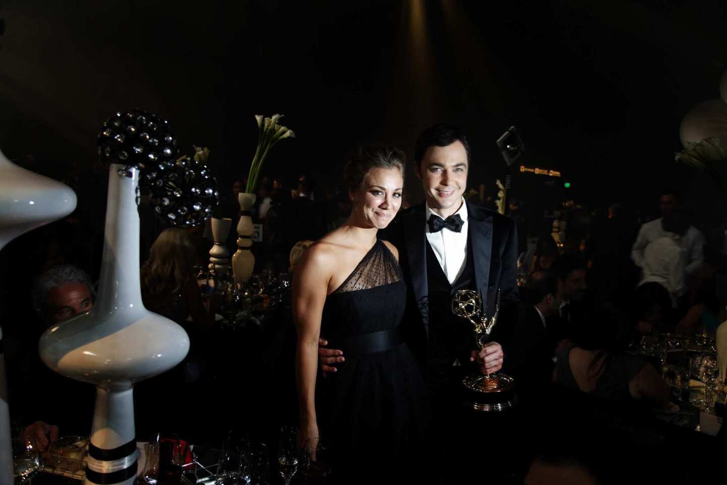 Jim Parsons and "Big Bang Theory" costar Kaley Cuoco attend the post-Emmys Governors Ball in the West Hall of the Los Angeles Convention Center on Sunday night.