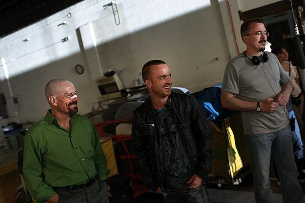 Bryan Cranston, left, and Aaron Paul with show creator and episode director Vince Gilligan.