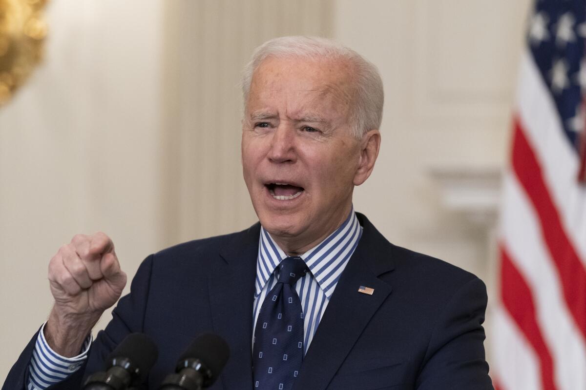 President Biden speaks in the State Dining Room of the White House