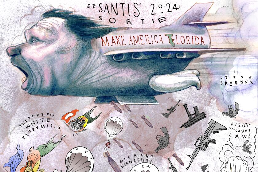 Illo of DeSantis as a warplane raining down white extremists and guns and aiming artillery at Disneyland and a women's clinic