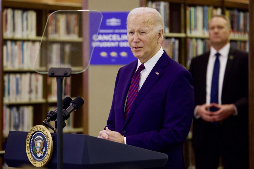 CULVER CITY CA FEBRUARY 21, 2024 -- President Joe Biden will concluded a roughly 24-hour Southland visit Wednesday, Feb. 21, 2024, by visiting a library in Culver City, where he announced the cancellation of an additional $1.2 billion in student loan debt for about 153,000 borrowers. This is the presidents latest effort at student debt relief after the Supreme Court blocked a more sprawling plan last year. Irfan Khan / Los Angeles Times)