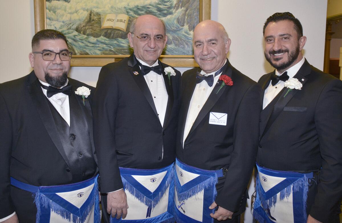 From left, Ricardo Cervantes, Nishan Matossian, Peter Babaian and Armen Khalafyan were installed as the local Masons' 2020 elected officers.