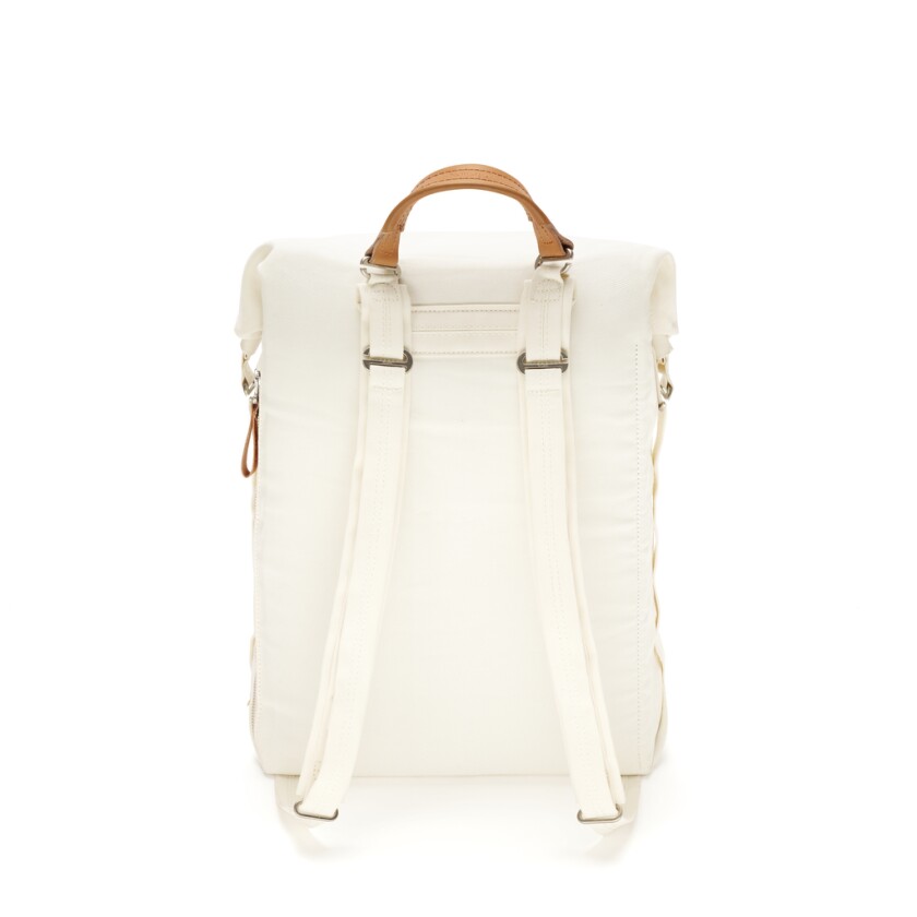 A white, rectangular-shaped backpack with two straps and a handle.