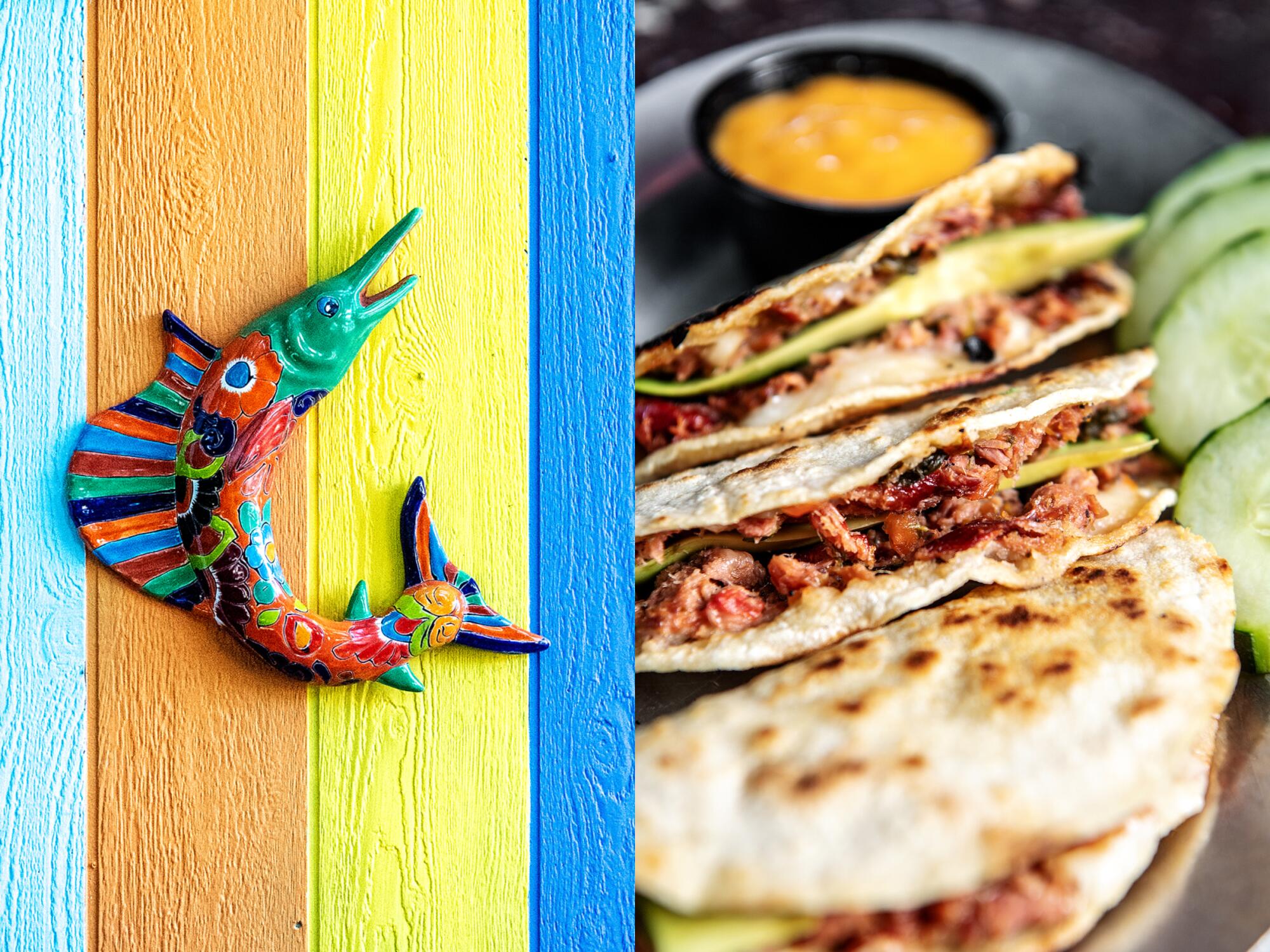 Left: A colorful decorative marlin on a wall. Right: The marlin tacos from 106 Seafood Underground.