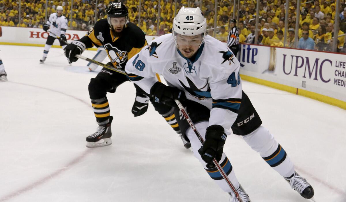 San Jose Sharks' Tomas Hertl (48) plays against the Pittsburgh Penguins in Game 1 of the Stanley Cup finals on May 30.