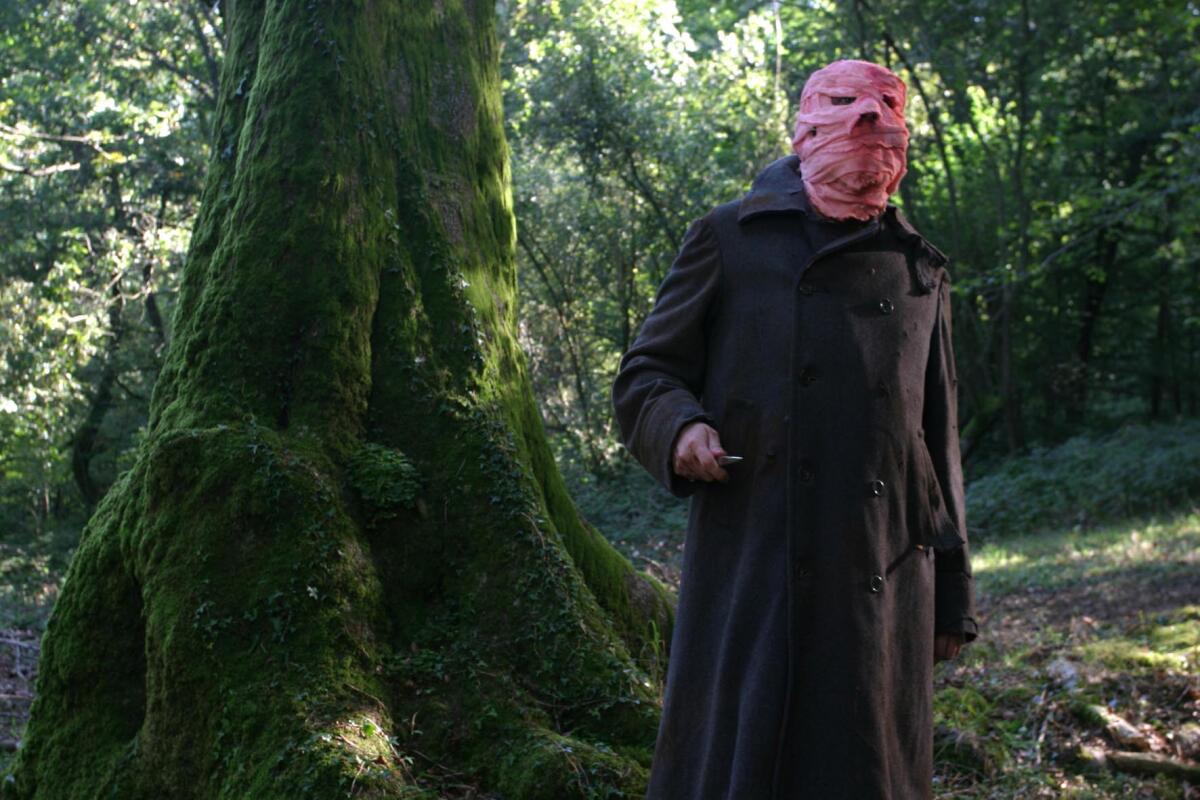 A man in a pink mask stands in a woods.