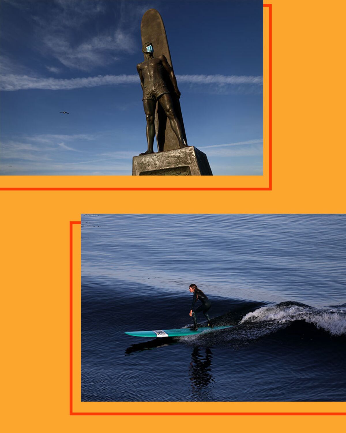 A statue wearing a face mask and a surfer catching a wave at Steamer Lane in Santa Cruz. 