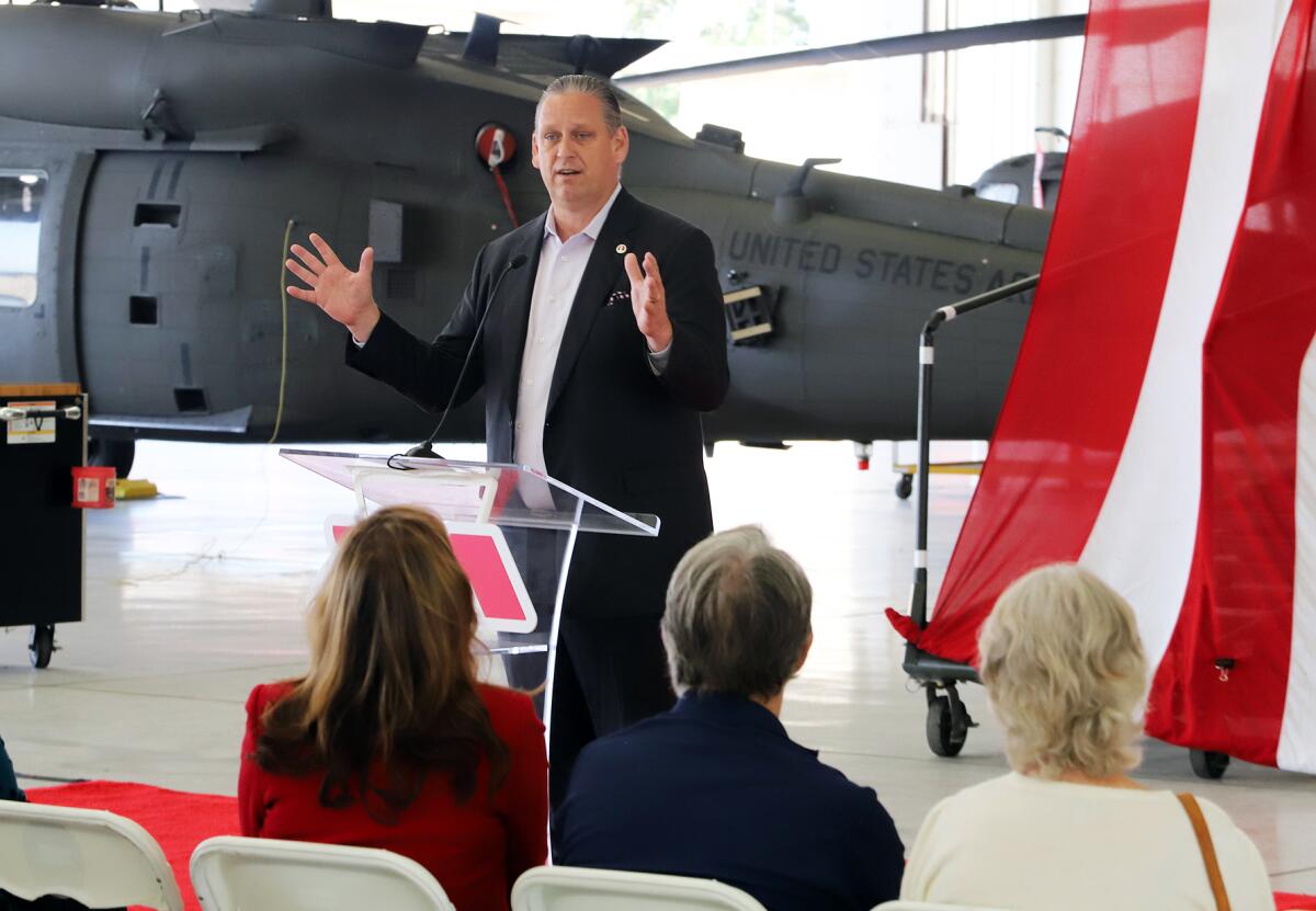 Huntington Beach Mayor Tony Strickland gives opening remarks during Thursday's Pacific Air Show media event.