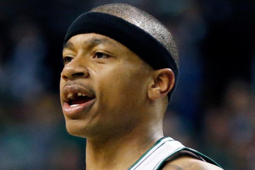 Boston Celtics' Isaiah Thomas reacts during the second quarter of a second-round NBA playoff series basketball game against the Washington Wizards, Sunday, April, 30, 2017, in Boston. (AP Photo/Michael Dwyer)
