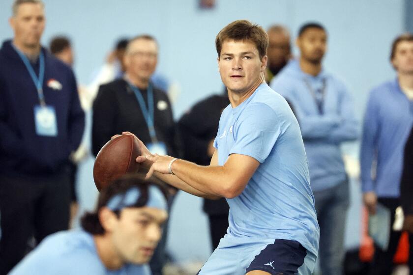 North Carolina's quarterback Drake Maye participates in North Carolina's NFL Pro Day in Chapel Hill, N.C., Thursday, March 28, 2024. (AP Photo/Karl B DeBlaker)