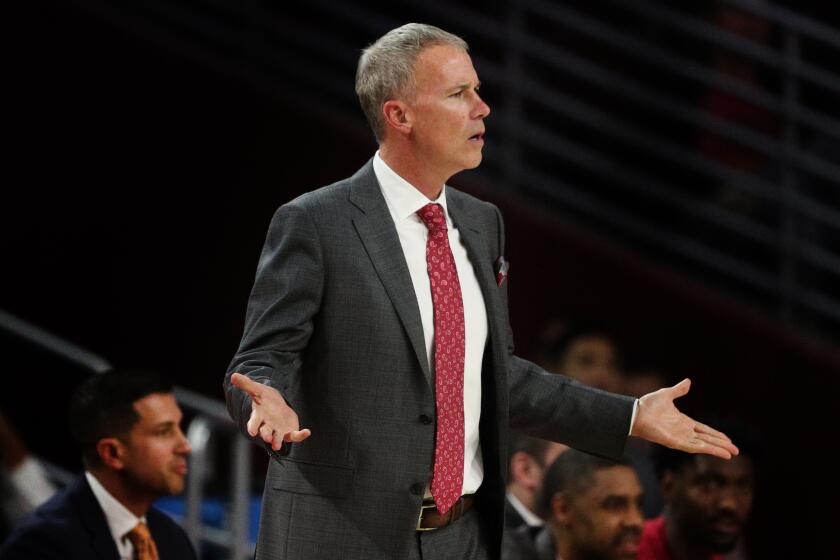 LOS ANGELES, CA - NOVEMBER 12, 2019: USC Trojans head coach Andy Enfield questions a call against the South Dakota State Jackrabbits at the Galen Center on November 12, 2019 in Los Angeles, California. (Gina Ferazzi/Los AngelesTimes)