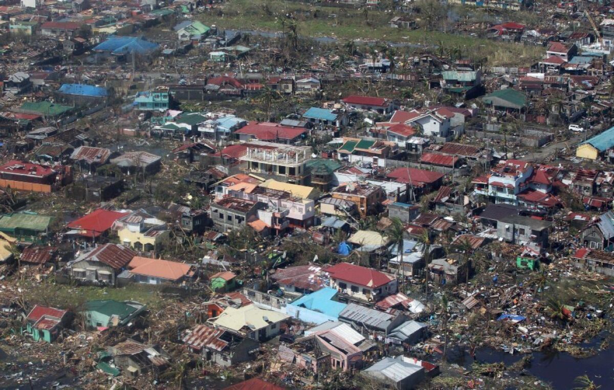 An aerial view of buildings destroyed by typhoon Haiyan in the Philippines' Leyte province.