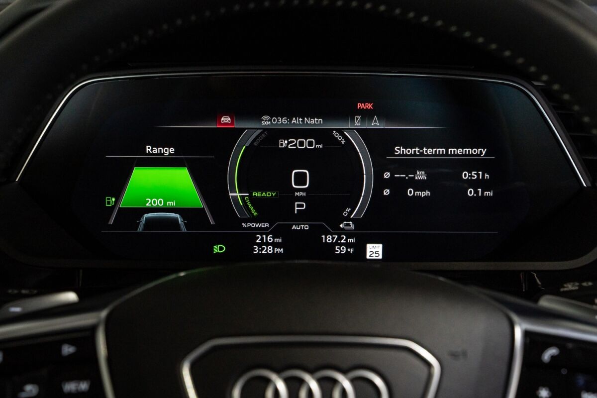 Audi’s virtual cockpit (gauge) display is specific for e-tron, with details for charging, battery, route and infotainment information, including public charging locations.