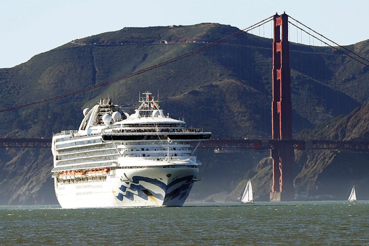 The Grand Princess cruise ship arrives in San Francisco Bay from Hawaii on Feb. 11.