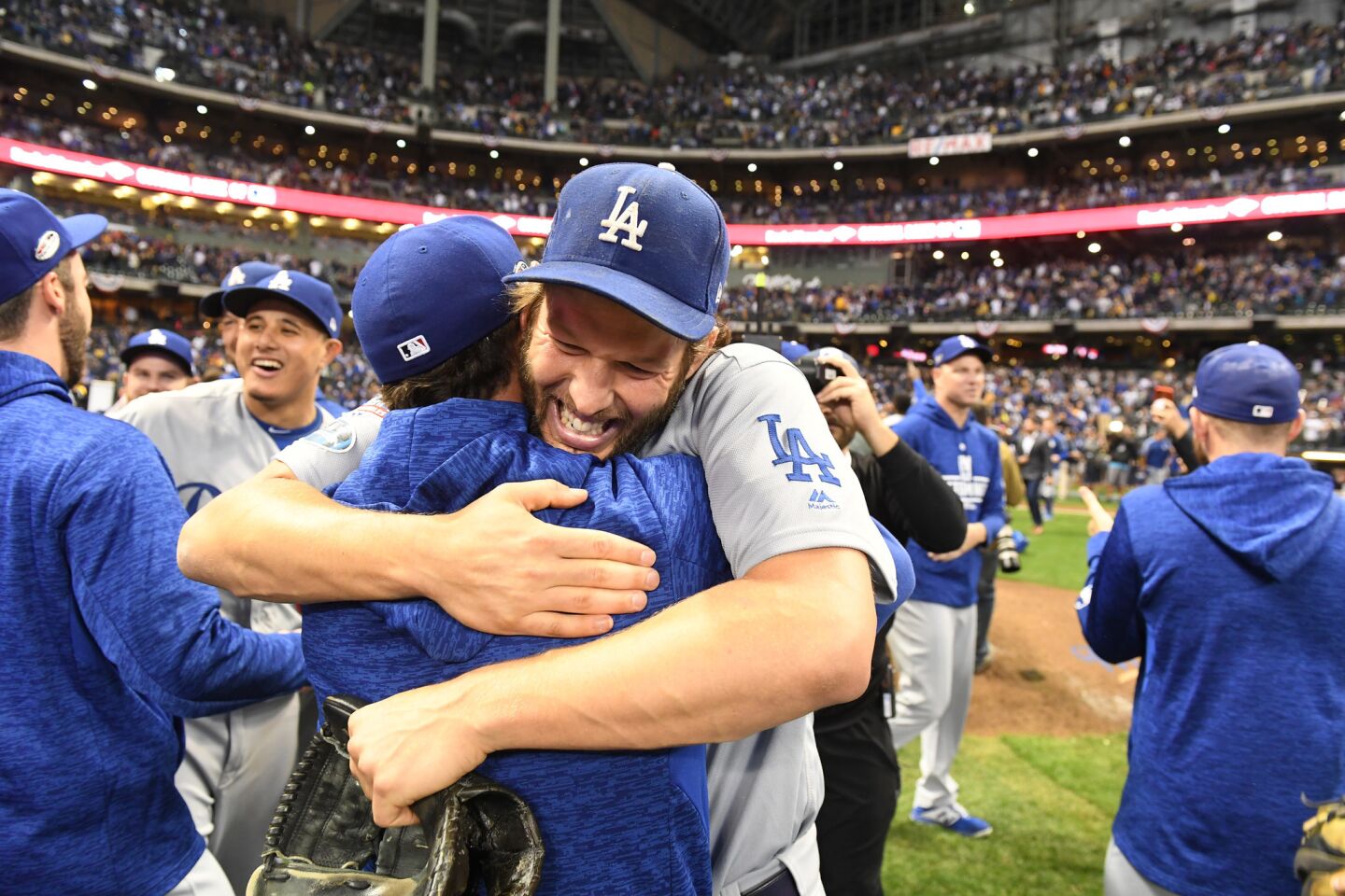 Dodgers Clayton Kershaw celebrates following the National League Championship Series.