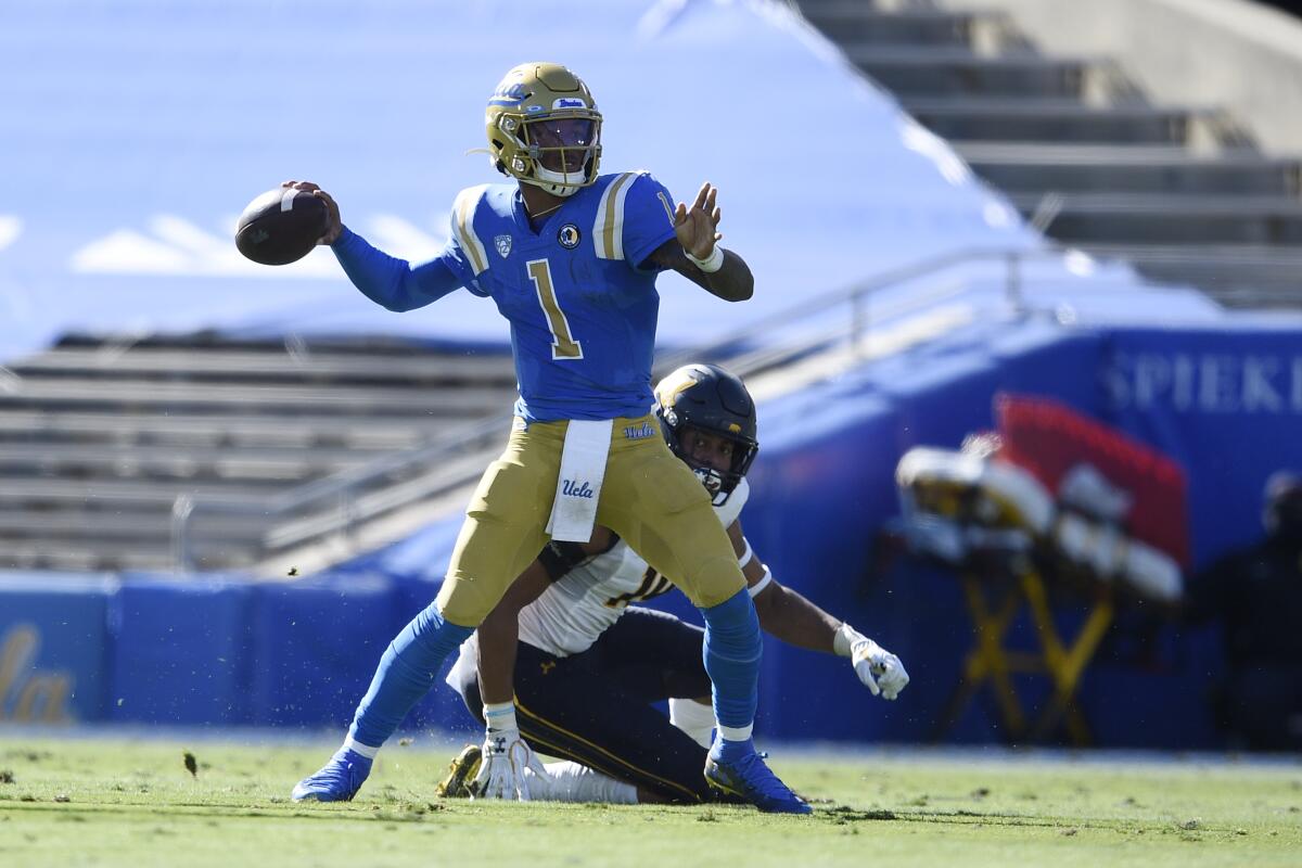 UCLA quarterback Dorian Thompson-Robinson looks to pass during a win over California.