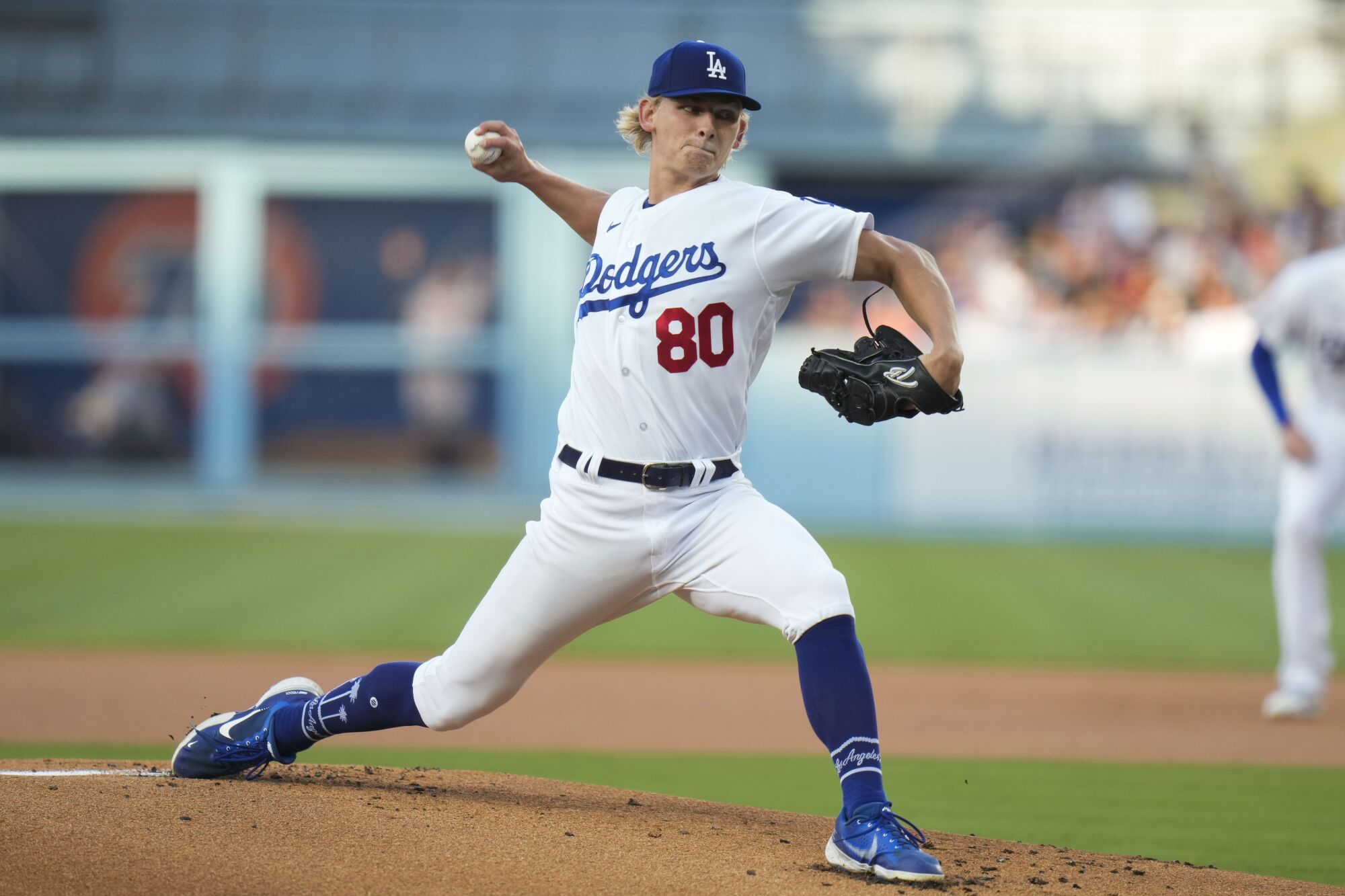 Los Angeles Dodgers starting pitcher Emmet Sheehan throws against the Houston Astros on June 23, 2023, in Los Angeles.