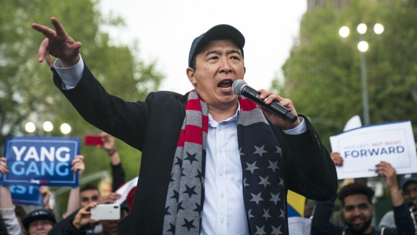 Democratic presidential candidate Andrew Yang speaks during a rally in Washington Square Park on May 14 in New York City.