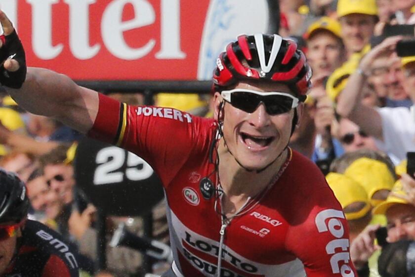 Germany's Andre Greipel celebrates after winning Stage 2 of the Tour de France in Neeltje Jans, Netherlands, on July 5.