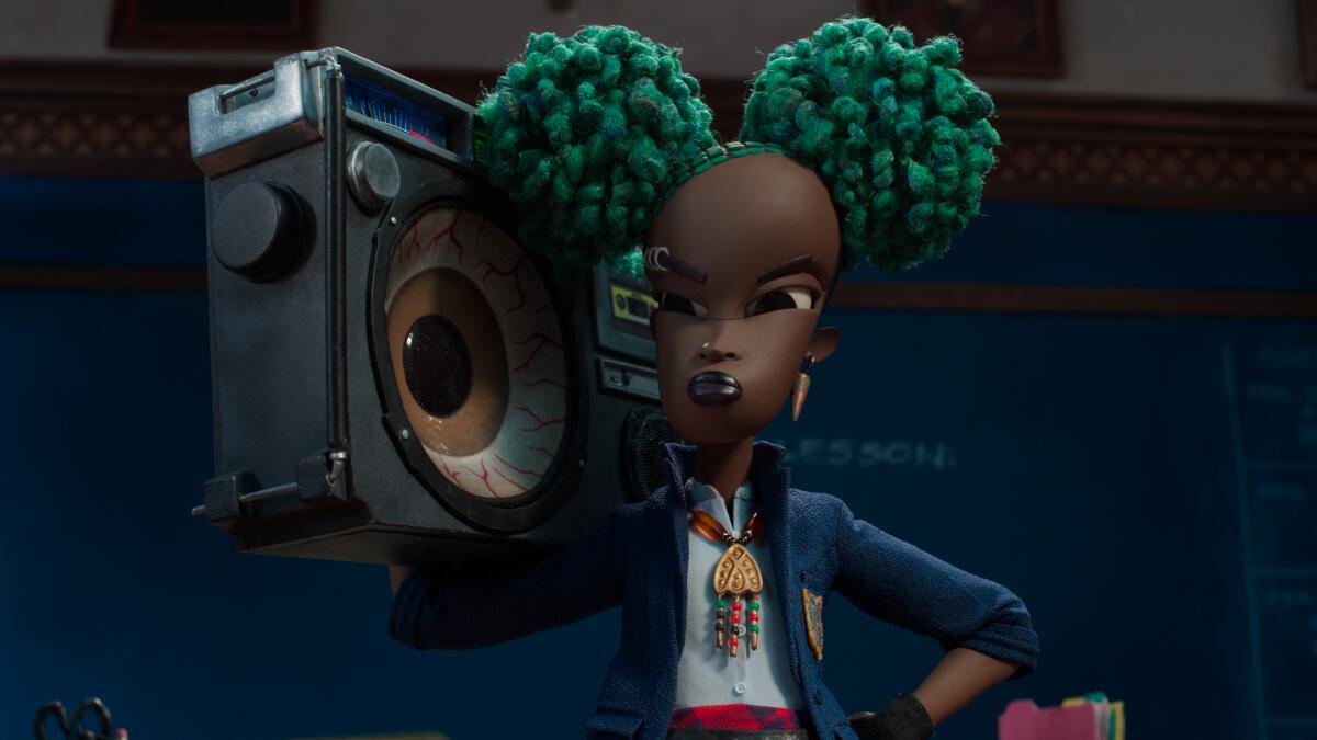 a girl holding a one-eyed boombox on one shoulder