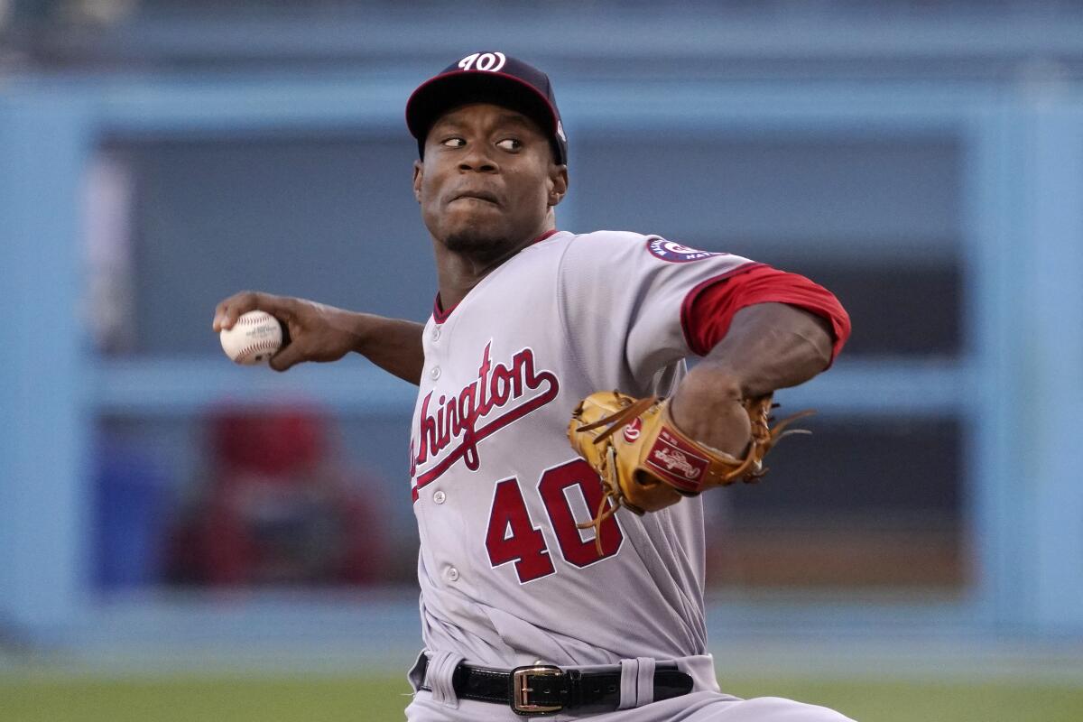 Washington Nationals pitcher Josiah Gray delivers against the Dodgers on Tuesday.