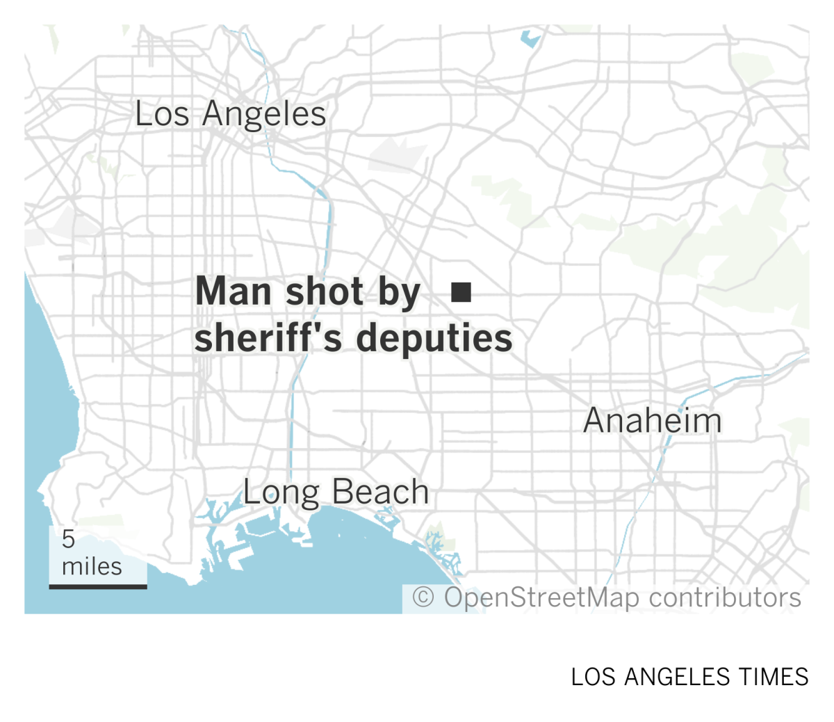 A map of southeast Los Angeles County shows where a man was shot by sheriff's deputies in South Whittier