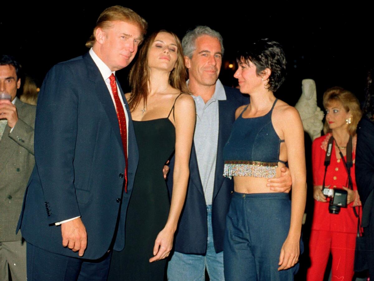 Donald Trump, Melania Trump, Jeffrey Epstein, and Ghislaine Maxwell pose together at a social event, dressed in evening attire, with other guests visible in the background.