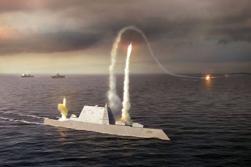 An artist rendering of the Zumwalt class destroyer DDG 1000, a new class of multi-mission U.S. Navy surface combatant ship designed to operate as part of a joint maritime fleet, assisting Marine strike forces ashore as well as performing littoral, air and sub-surface warfare. (DOD/Courtesy photo)
