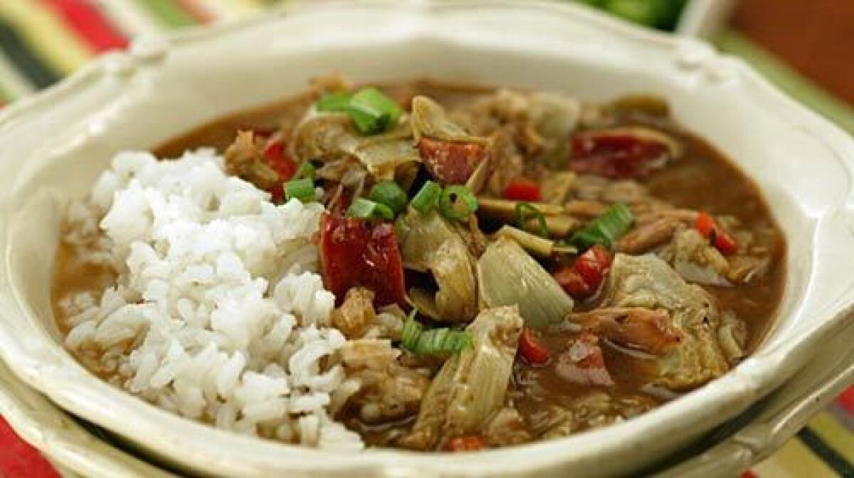 Turkey gumbo is made with stock, artichokes and andouille sausage.