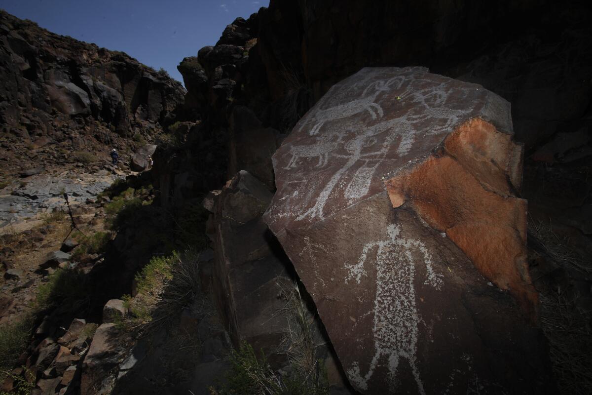 Some of the thousands of petroglyphs lining the walls of Little Petroglyph Canyon, one of several areas inside Naval Air Weapons Station China Lake that have ancient carvings and other artifacts left by people who lived in the area.