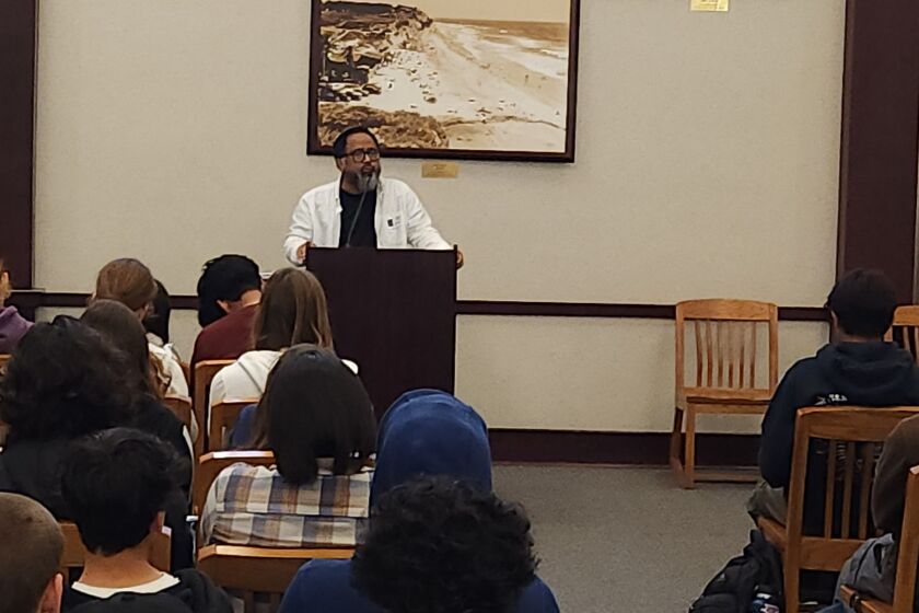 San Diego Poet Laureate Jason Magabo Perez hosted a poetry workshop at San Dieguito High School Academy.