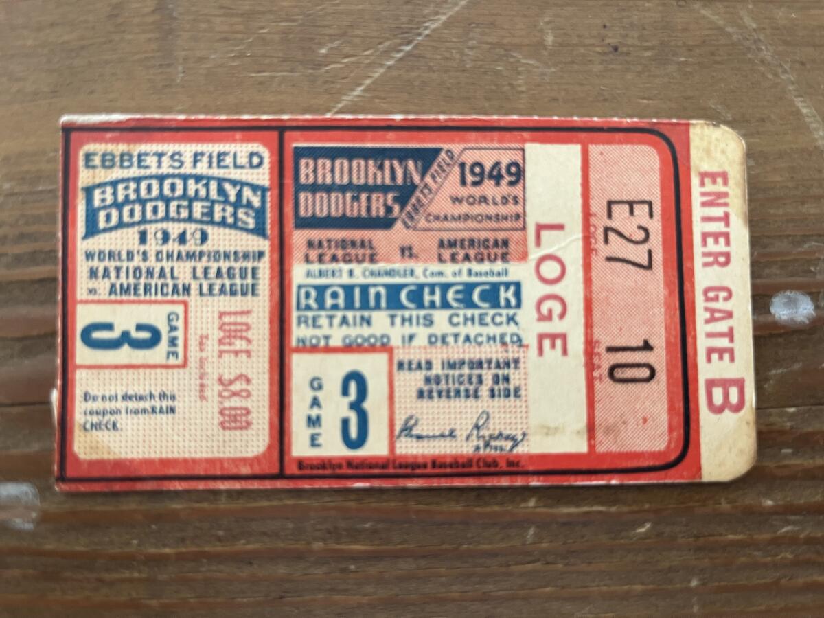 A ticket stub to Game 3 of the 1949 World Series between the New York Yankees and Brooklyn Dodgers at Ebbets Field.