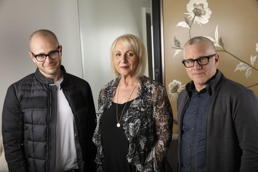 Damon Lindelof, Mimi Leder, and Tom Perrotta, producers of the HBO series "The Leftovers" stand for a portrait at the Four Seasons Hotel on Monday, April 3, 2017 in Los Angeles, Calif. The Leftovers premieres it's final season on April 16. (Patrick T. Fallon/ For The Los Angeles Times)
