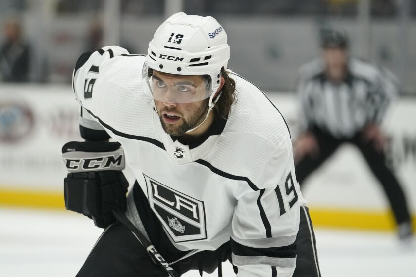 Los Angeles Kings left wing Alex Iafallo (19) during the first period of an NHL hockey game against the Anaheim Ducks Tuesday, April 19, 2022, in Anaheim, Calif. (AP Photo/Marcio Jose Sanchez)